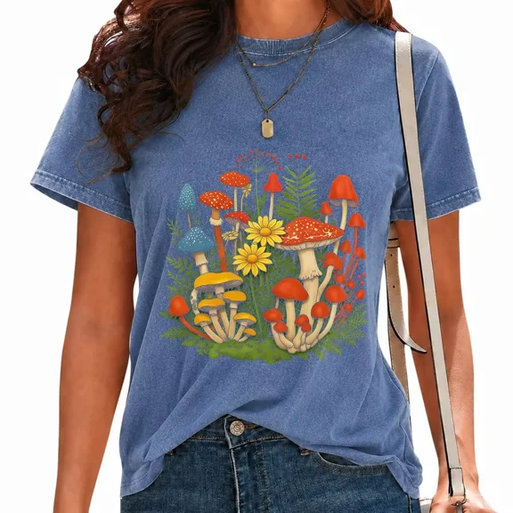 UNISHE Women Vintage Washed Mushroom Graphic Tees Botanical Forest Print T-Shirts Crewneck Streetwear Tops Blue, M