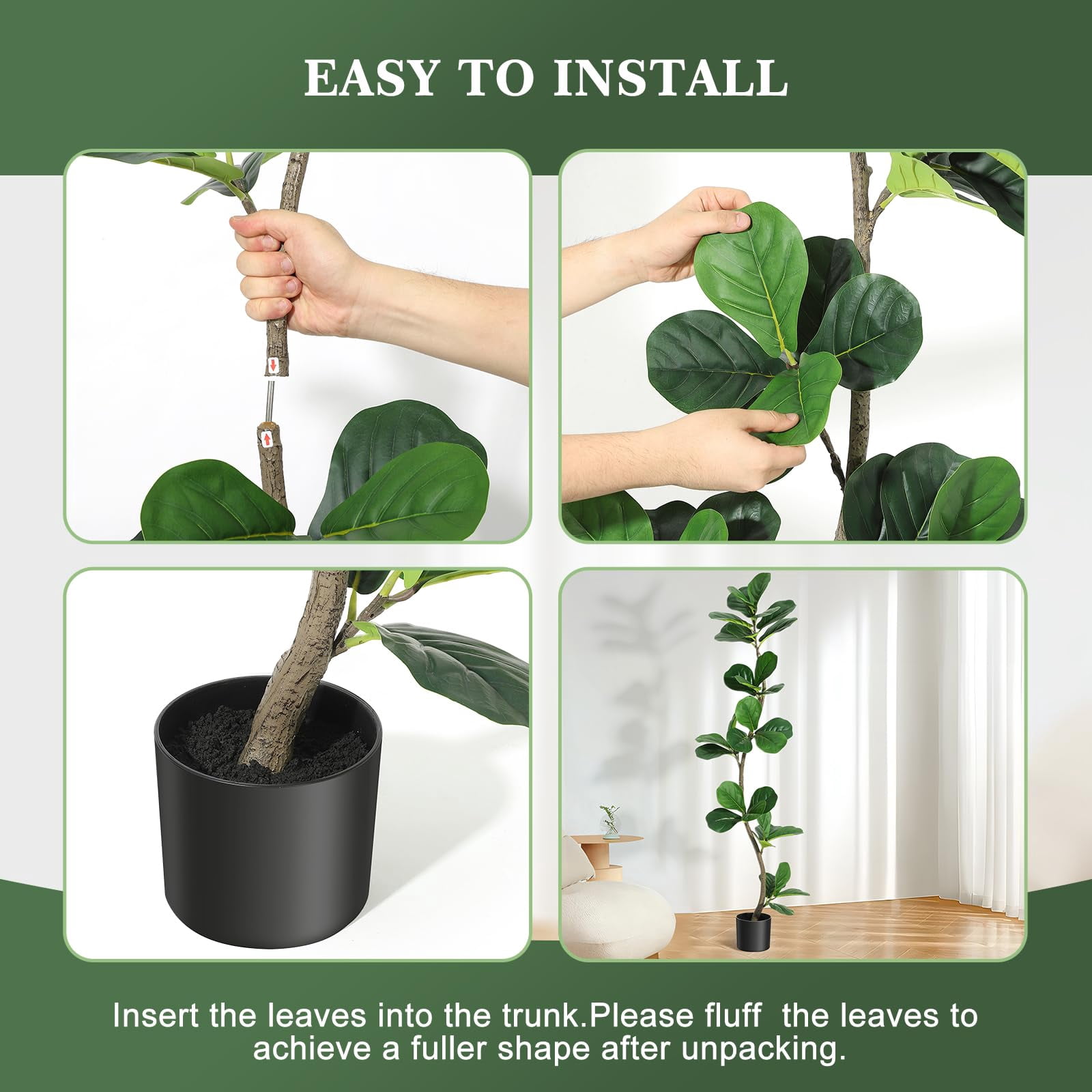 Towallmark 5 ft Artificial Fiddle Leaf Fig Tree, Fake Plant in Black Plastic Pot, Large Fake Tree for Home or Office Decor