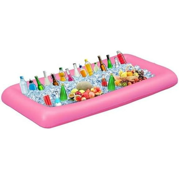 Ice Buffet Serving Tray Drink Cooler with Drain Plug,Inflatable Ice Serving Buffet Bar Inflatable Cooler for Parties Food 52 x 24 x 5'' (Pink)