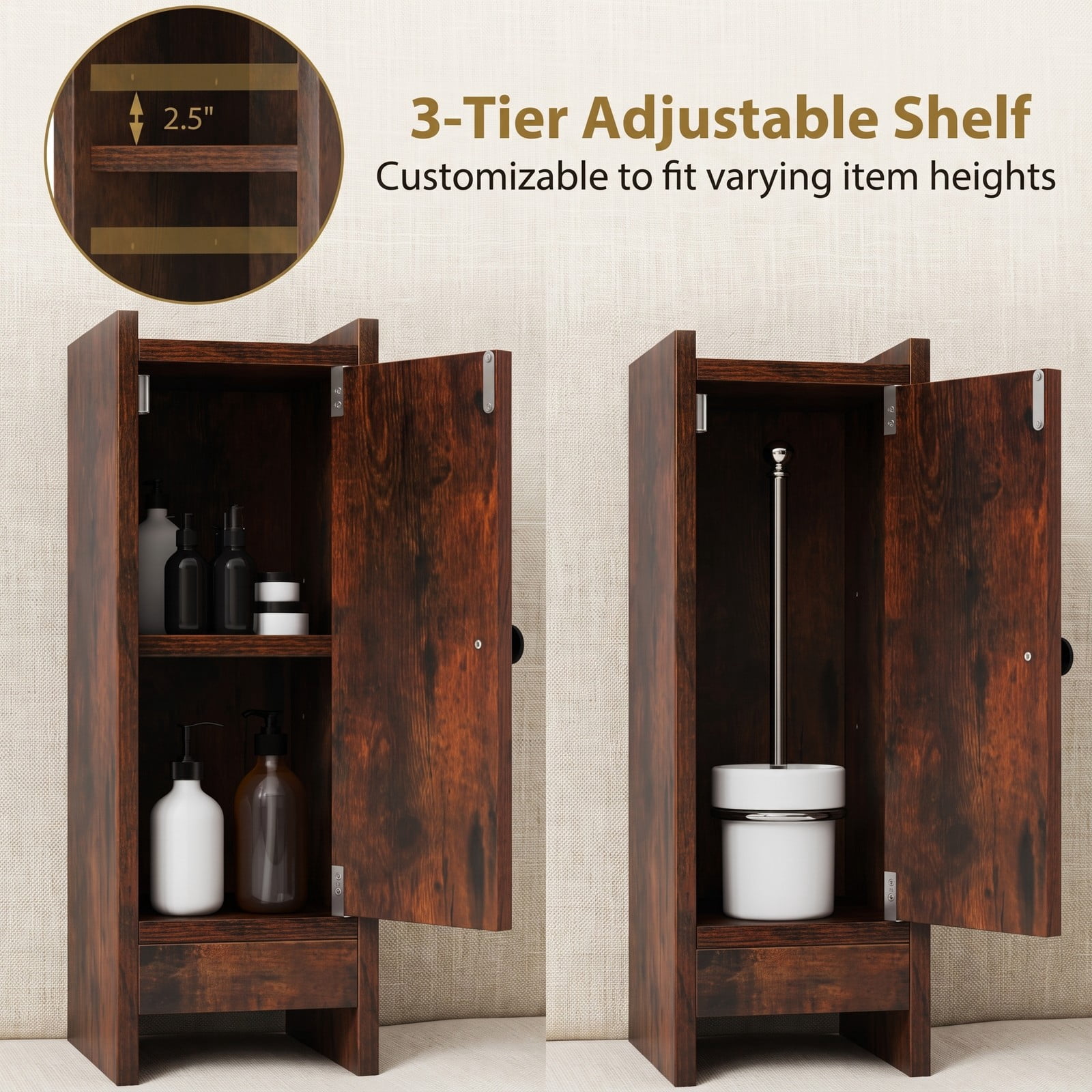 Fenbeli Slim Bathroom Corner Storage Cabinet, Freestanding Floor Cabinet with Door and Adjustable 3-Tier Shelf, Anti-Tipping Space-Saving Organizer for, Rustic Brown