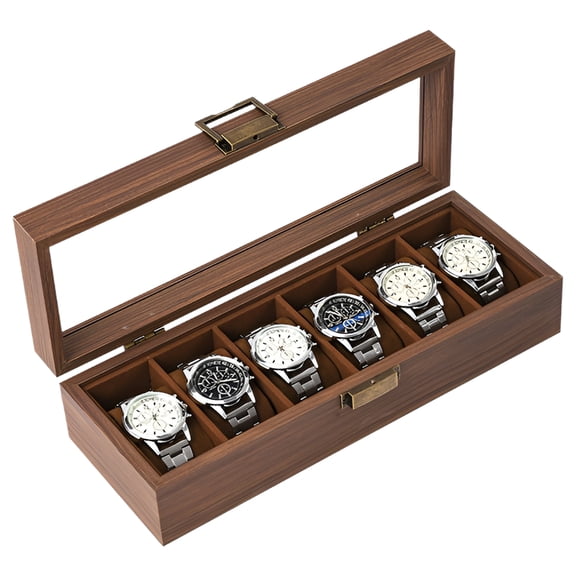 6 Slot Wooden Watch Box Organizer with Glass Display Lid, Watch Storage Case with Soft Cushions for Men and Women, Watch Display Storage Case