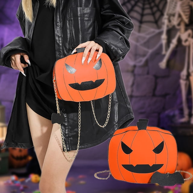 Bolso Bandolera de Piel con Cadena y Diseño de Calabaza para Halloween | Naranja | 22 X 18 X 7,5 Cm | Material Ligero E Impermeable | Bolsillo Oculto con Cremallera | Ideal para El Trabajo o Como Reg