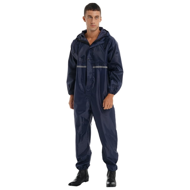 Linjinx Men's Motorcycle Rain Suit One Piece Hooded Waterproof Jumpsuit Reflective Strip Rainsuit Navy Blue 170/L