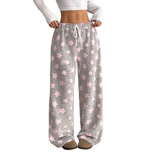 Yokua Women's Fuzzy Plush Pajama Pants Drawstring Elastic Waist Wide Leg Teddy Bottoms Pants