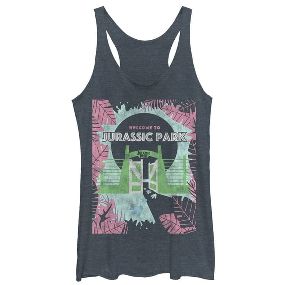 Women's Jurassic Park Welcome Gates Cartoon  Racerback Tank Top Navy Blue Heather Small