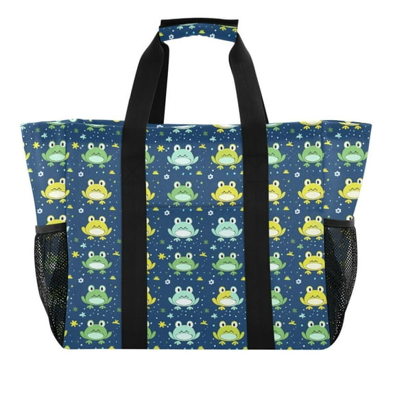 Cute Frogs with Flowers Reusable Grocery Bags with Handle Side Pocket Waterproof Shopping Portable Tote