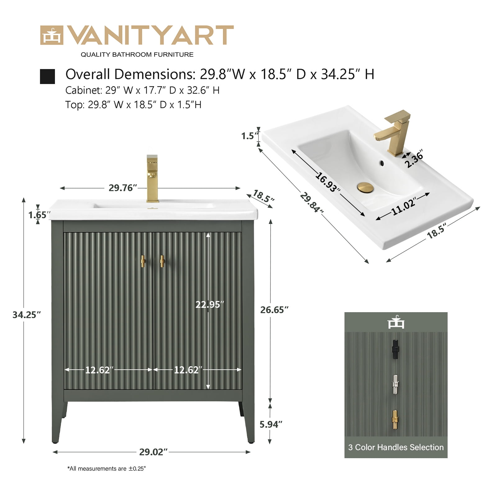 Vanity Art 30" Double Door Bathroom Vanity with Sink, Freestanding Storage Cabinet with Ceramic Top, and Removable Shelve