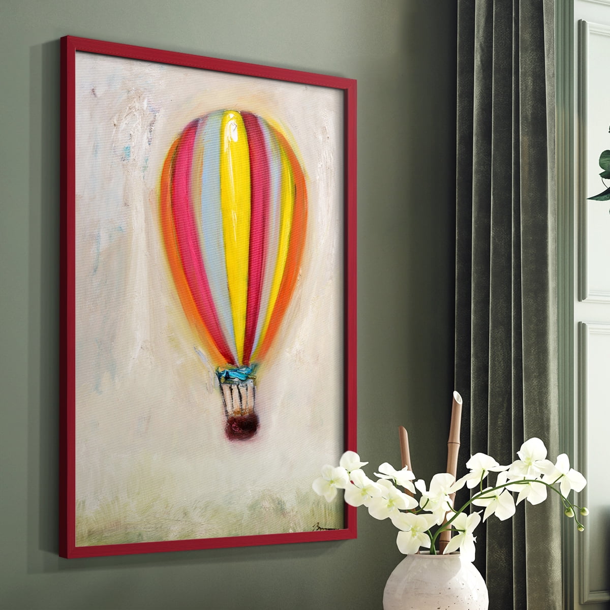 Lucky Hot Air Balloon Framed Print in Red Solid Wood Framed Print No Nail Hanging
