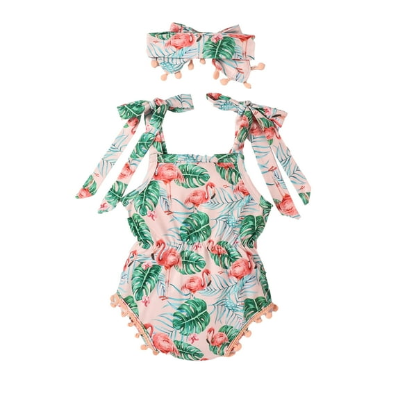 Baby Girls Tie Up Flower/Flamingo Print Romper with Pompoms + Bowknot Headband