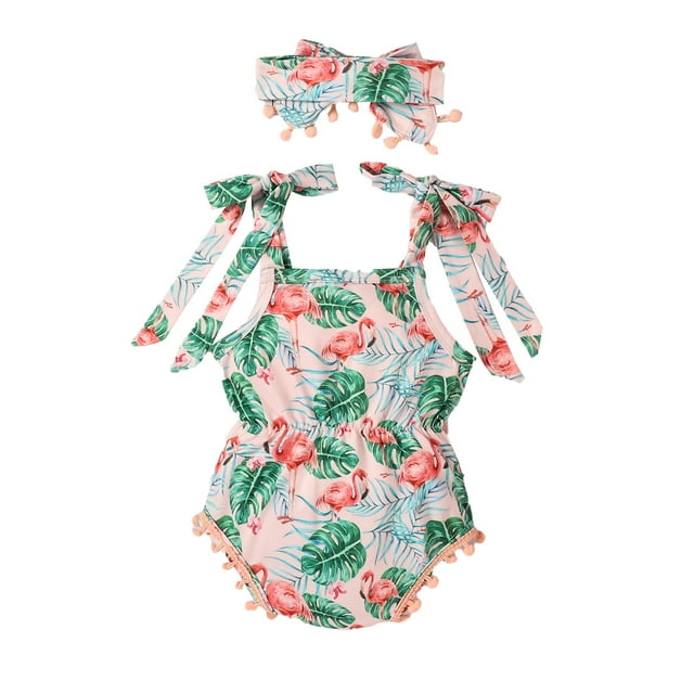 ITFABS Barboteuse à Fleurs/imprimé Flamingo pour Filles avec Pompons + Bandeau Nœud Papillon