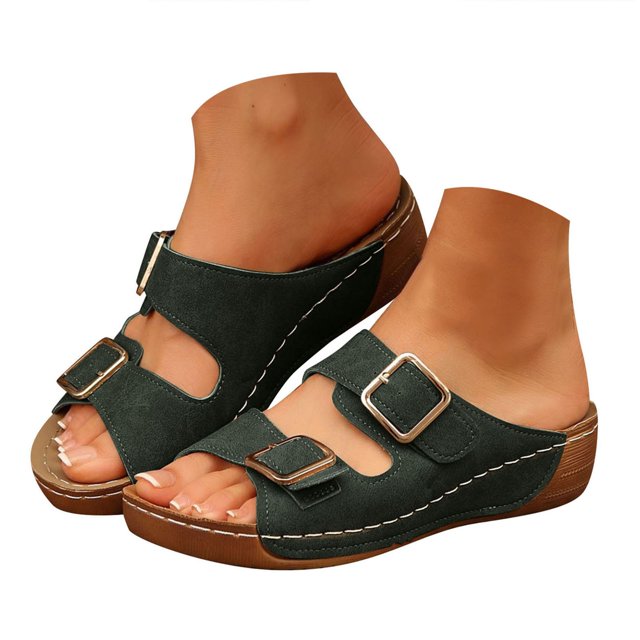 IUJSOY Womens Wedge Sandals Double Buckle Slip on Slippers Comfortable Arch Support Walking Shoes