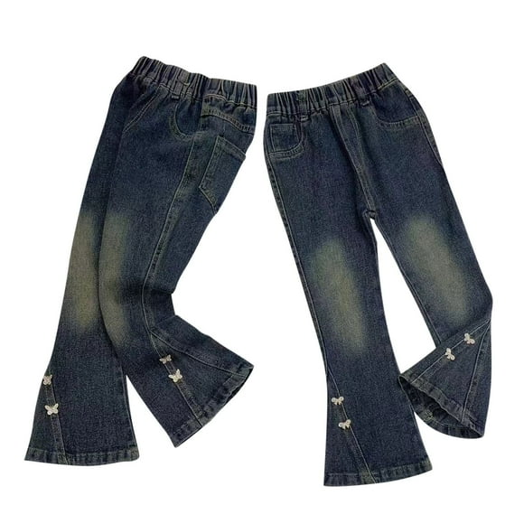 Little Girls Jeans 3-9T Infant Little Kids Girls Bowknot Pockets Elastic Waist Comfy Bell Bottom Denim Pants (4t-5t, Navy 08)