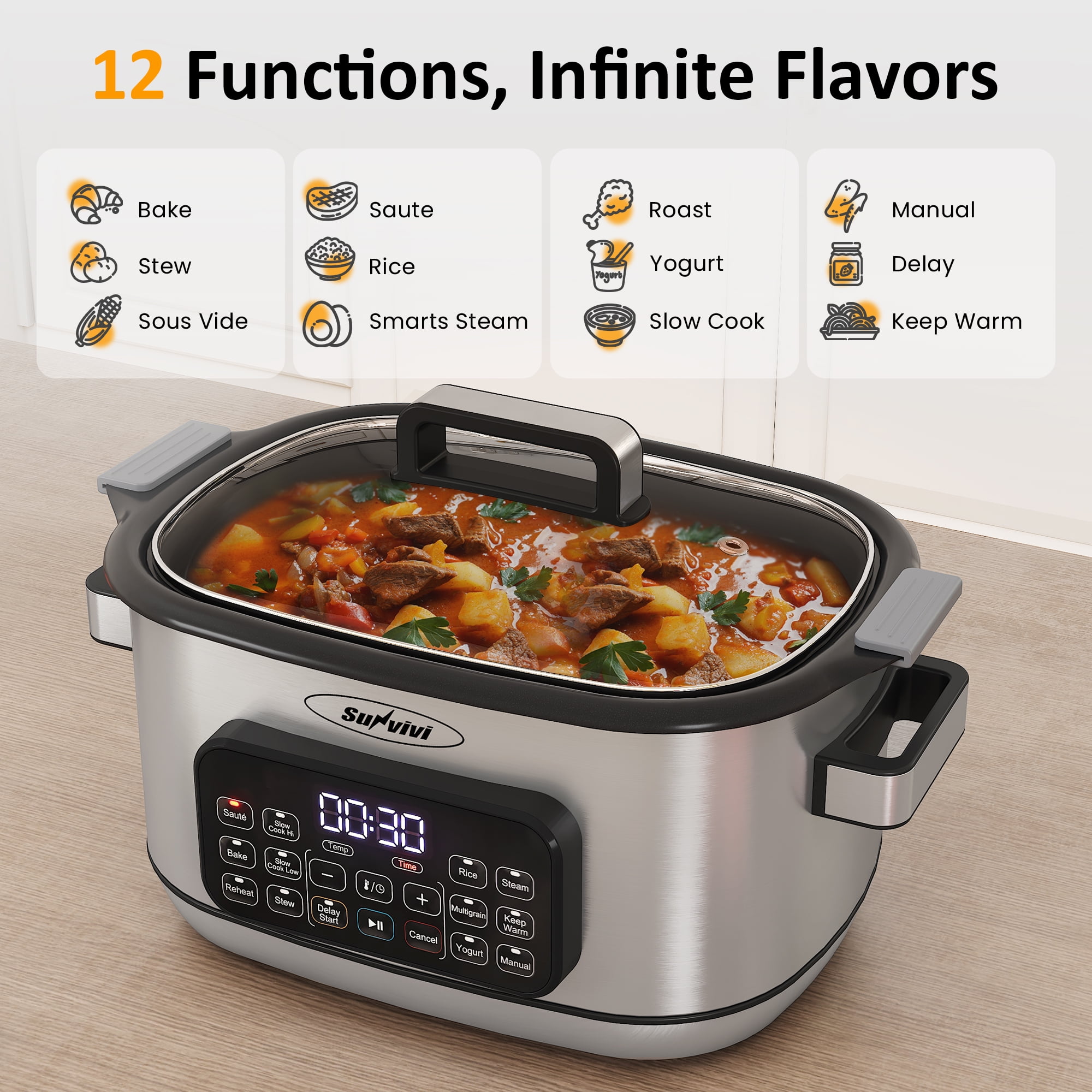 Sunvivi 6.5 Quart 12-in-1 Programmable Multi Slow Cooker, Food Warmer Pot with Digital Timer, Temp Control