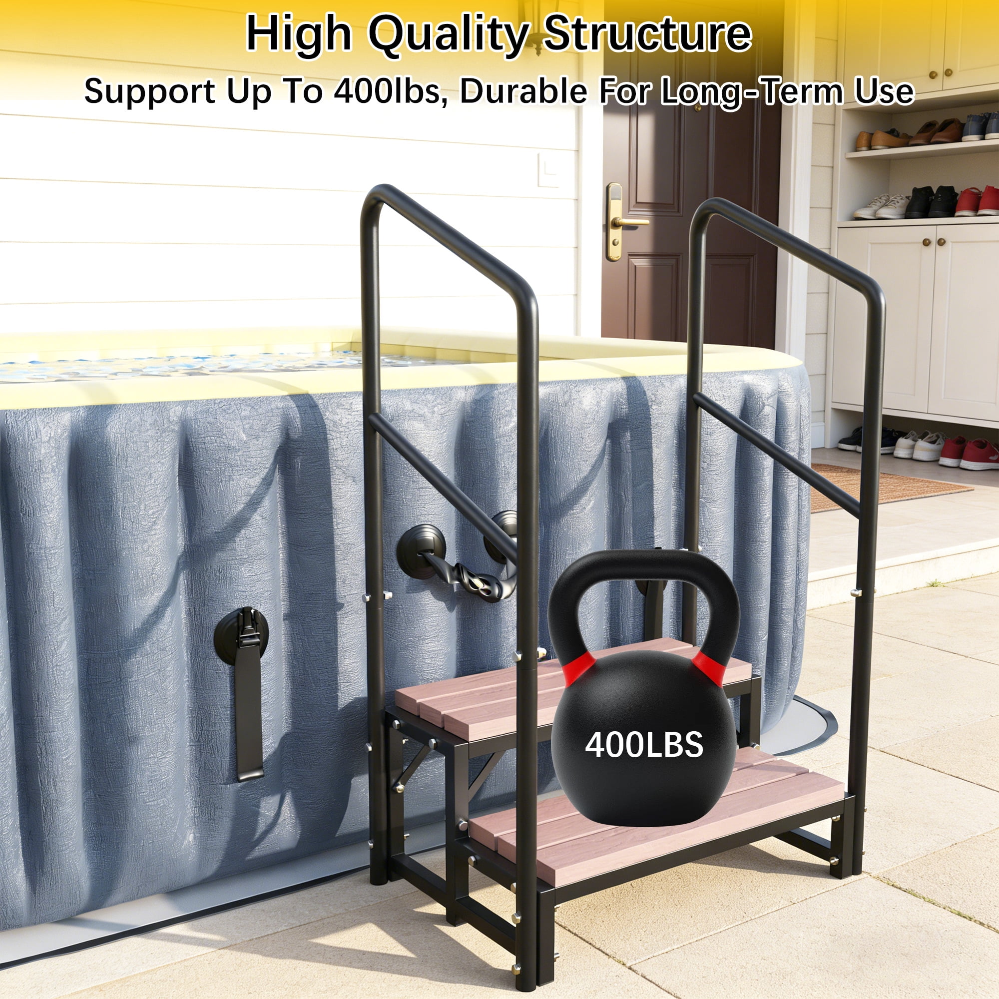 2 Step Hot Tub Steps with Dual Handrails, 400 lbs Heavy Duty Spa Steps, Non-Slip Outdoor Pool & RV Stairs