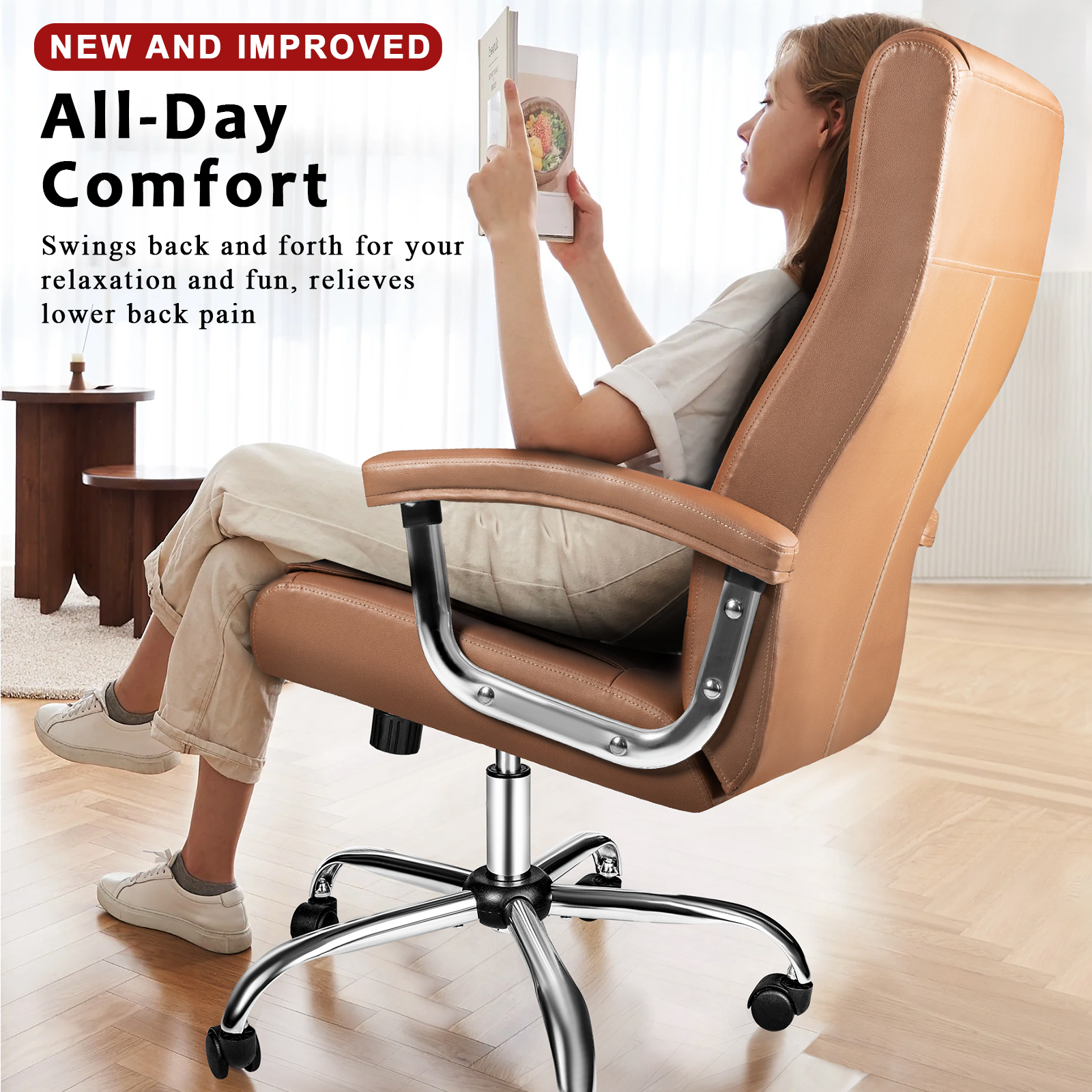 Waleaf Office Chair with Spring Cushion,400LBS High Back Computer Chair with Padded Armrest, Khaki - image 4 of 7