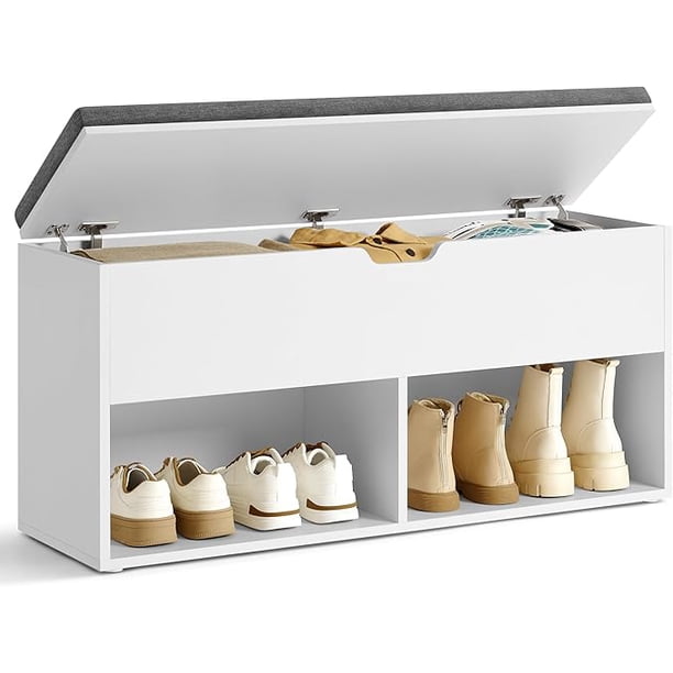 VASAGLE Banco de almacenamiento de zapatos con cojín, banco de zapatos de entrada con almacenamiento, 2 compartimentos abiertos y 1 oculto, para sala de estar, dormitorio, blanco y gris