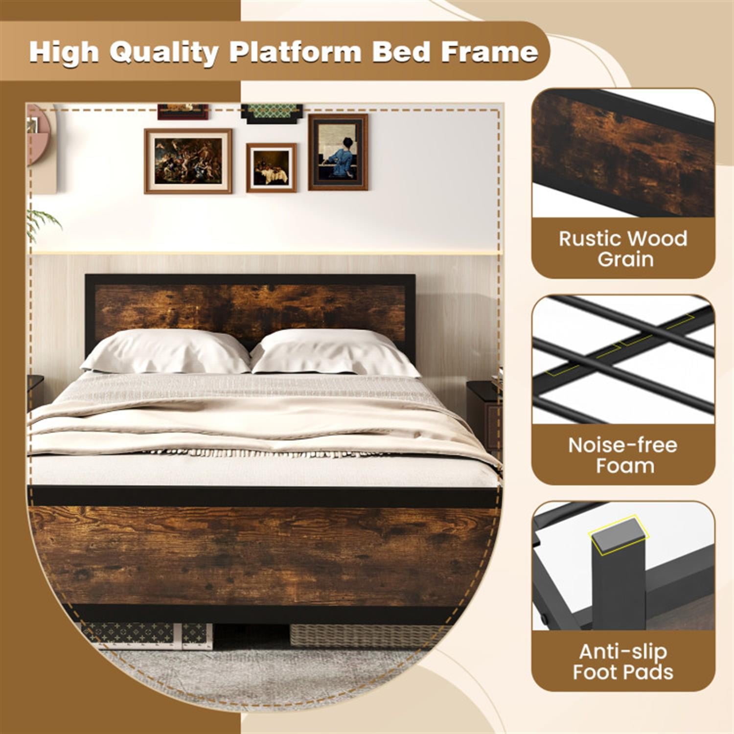 Demi Bonn Queen Size Bed Frame with Headboard and Footboard, Modern Metal Platform Bed Frame with Under Bed Storage, No Box Spring Needed, Brown