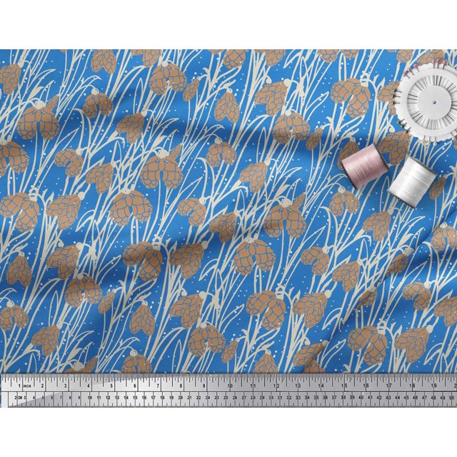Soimoi Blue Rayon Fabric Dot & Flower Hand Drawn Print Sewing Fabric BTY 56 Inch Wide