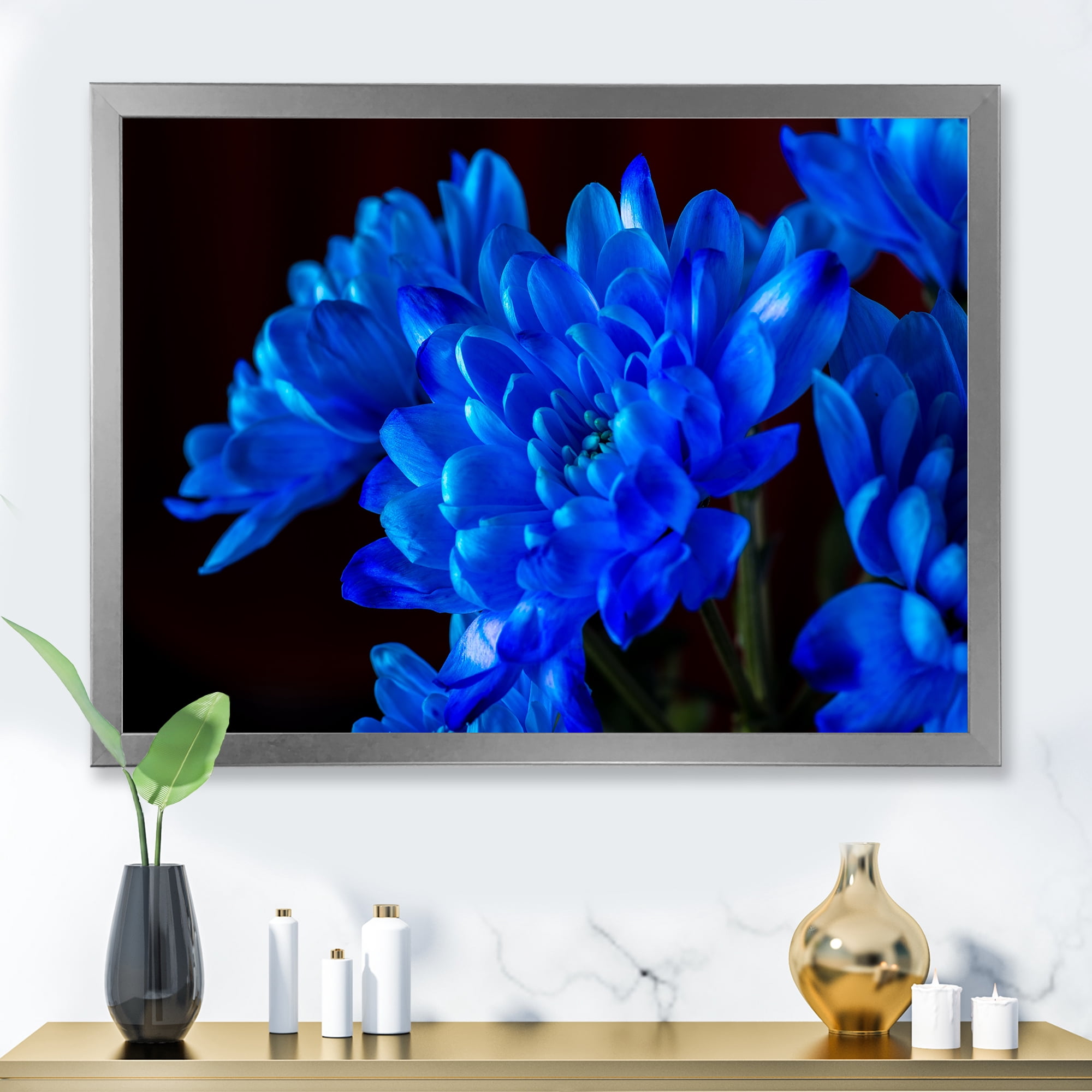 Designart 'Blue Chrysanthemum Flowers On Black Backround' Traditional Framed Art Print