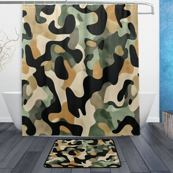 Bath Curtain & Non-Slip Bath Mat Set 12-Grommet Shower Curtain Memory Foam Bath Rug Earthy Tones Camouflage Pattern
