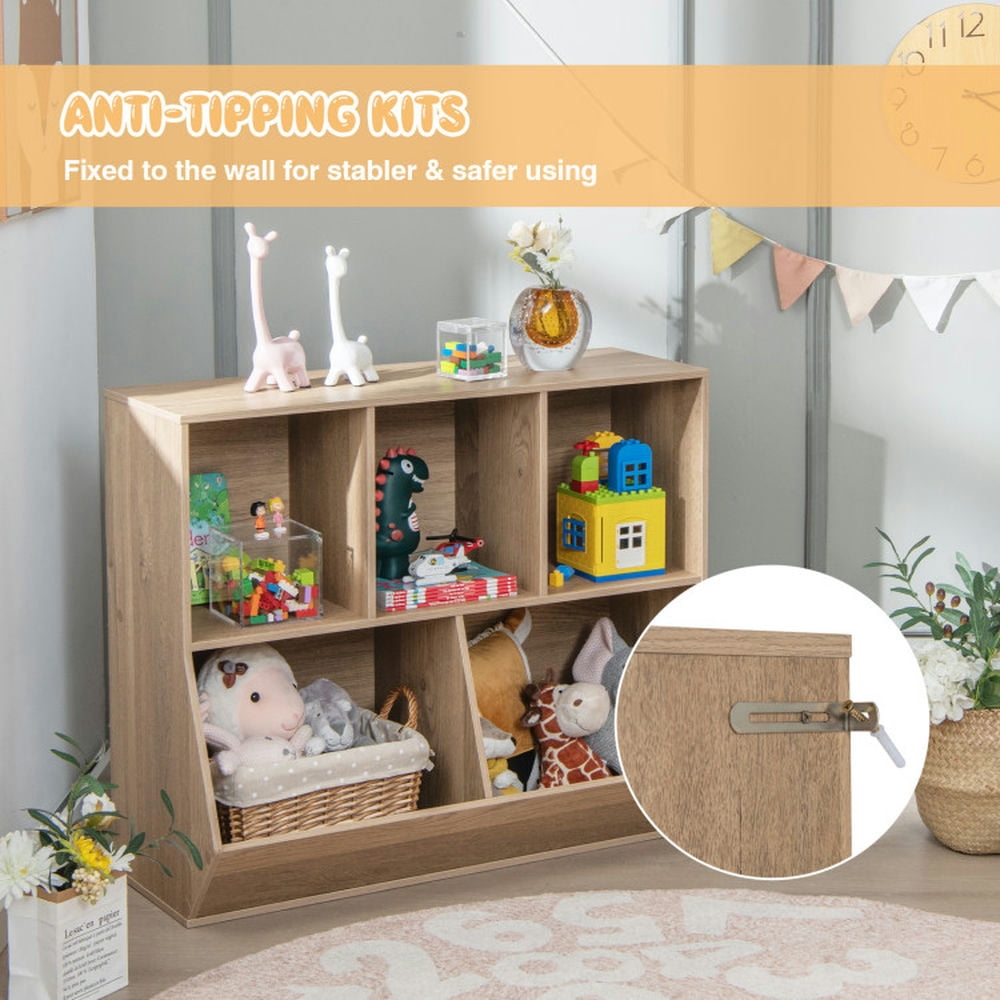 YYAo Kids Book Rack Storage Bookshelf, Toy Storage Organizer Bookshelf,5-Cube Wooden Kids Toy Storage Organizer with Anti-Tipping Kits-Natural