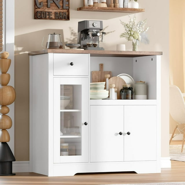 Armoire de Rangement avec Tablettes Ajustables et Support pour Micro-Ondes – Buffet Bahut avec Tiroir, Portes Simples et Doubles pour Cuisine et Salle à Manger