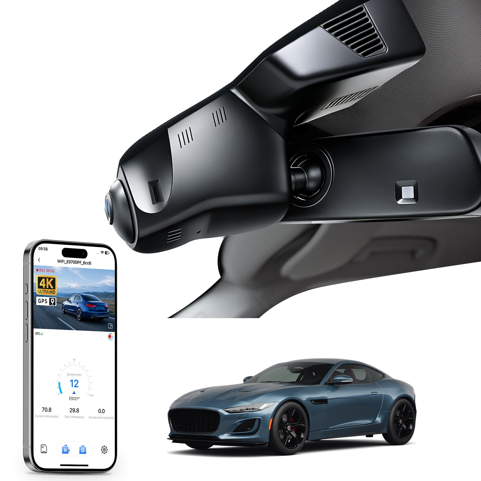Mangoal 4K HDR Dash Cam Dual STARVIS 2 Fit for Jaguar F-Type X152 2018 2019 2020 2021 2022 2023 2024, OEM Style, WiFi & APP, GPS, 64GB Card