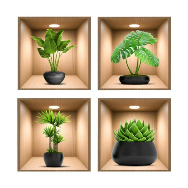 4x Pegatinas de pared de , calcomanías de en macetas Murales de arte Decoración de arte de pared de hojas para cabecera Con macetas negras
