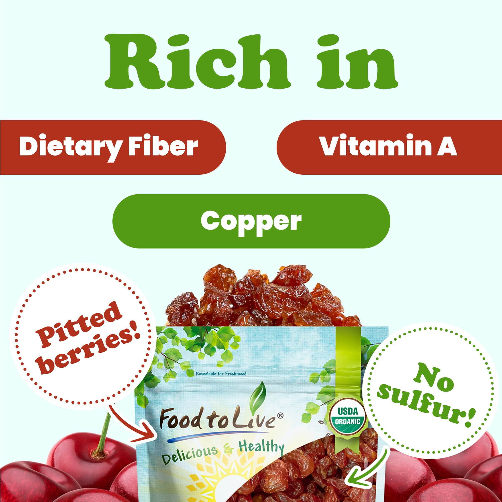 Organic Dried Sour Cherries , 10 Pounds — Non-GMO, Raw, Vegan — by Food to Live