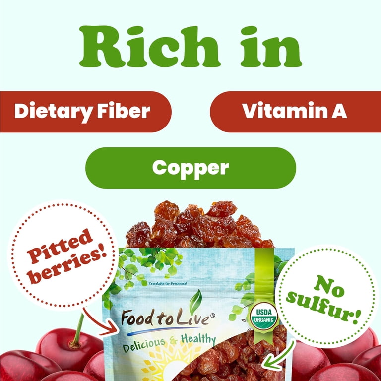 Food To Live Organic Dried Unsweetened Sour Cherries, 8 Oz – Pitted, Non-GMO, Raw, Sun-Dried, No Sugar Added