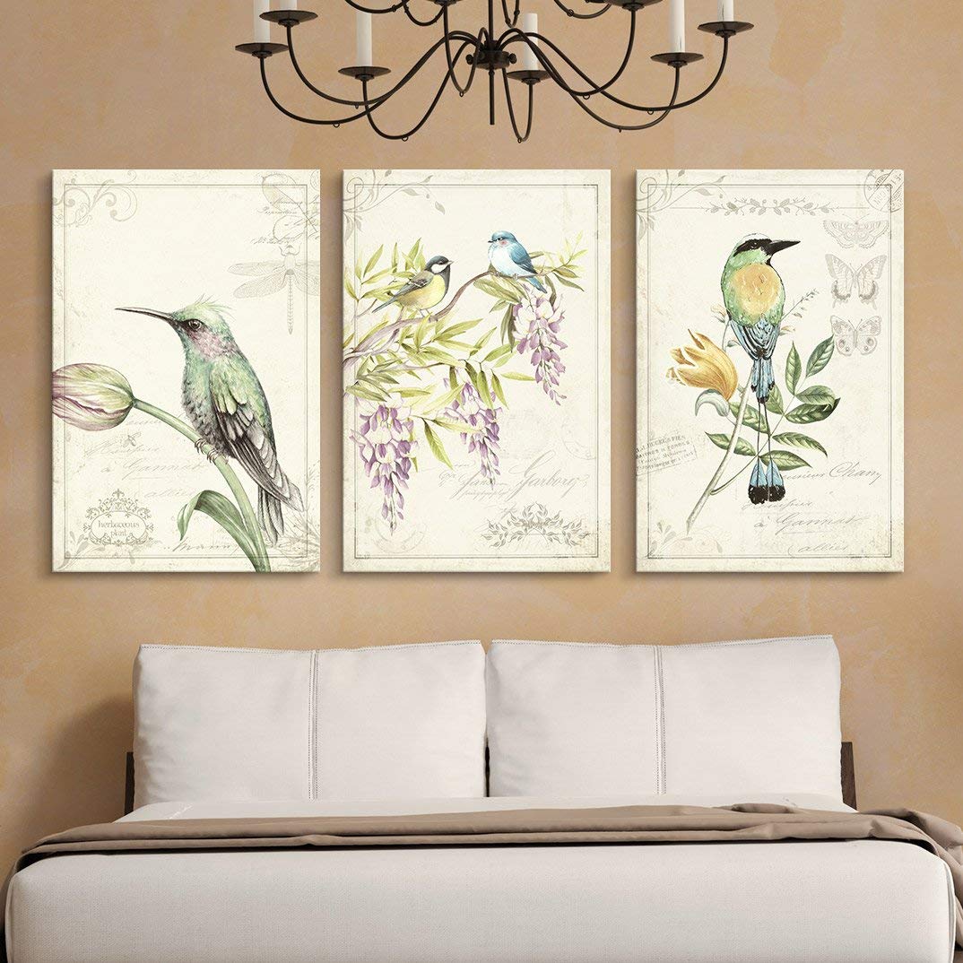 wall26 3 Panel Canvas Wall Art Vintage Style Birds Flowers on Floral