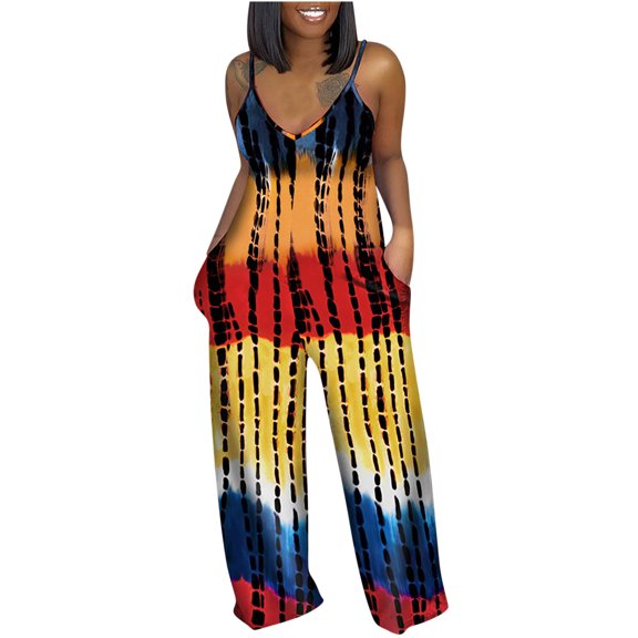 Zpanxa Women's Printed Sleeveless Jumpsuit Romper Wide Leg Pajamas with Pockets Comfortable Loose Fit Long Pants for Casual Lounge Wear and Home Relaxation Orange XL