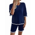 thumbnail image 2 of Womens Lounge Sets 2 Piece Outfits Short Sleeve Pullover Tops Wide Leg Pants Summer Travel Outfits Navy Blue XL, 2 of 9