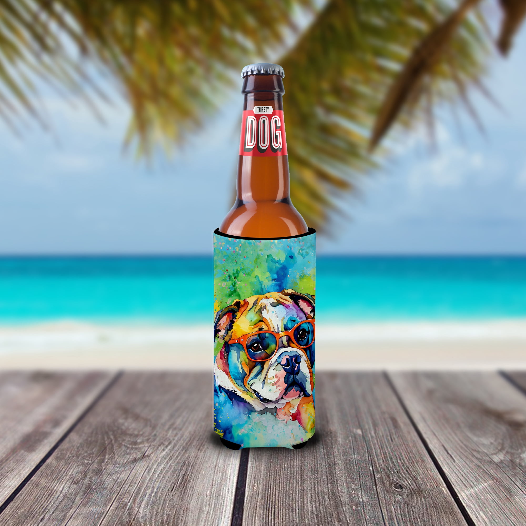 English Bulldog Hippie Dawg Hugger for Ultra Slim Cans 4 in x 6.5 in