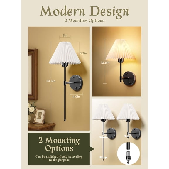PYYAN-Wireless Wall Sconces Set of 2, Pleated Shades Battery Operated Wall Lights with Rechargeable Magnetic Bulbs and Remote, Dimmable&15 RGB Colors Wall Lamps for Bedroom Living Room Hallway,Black,