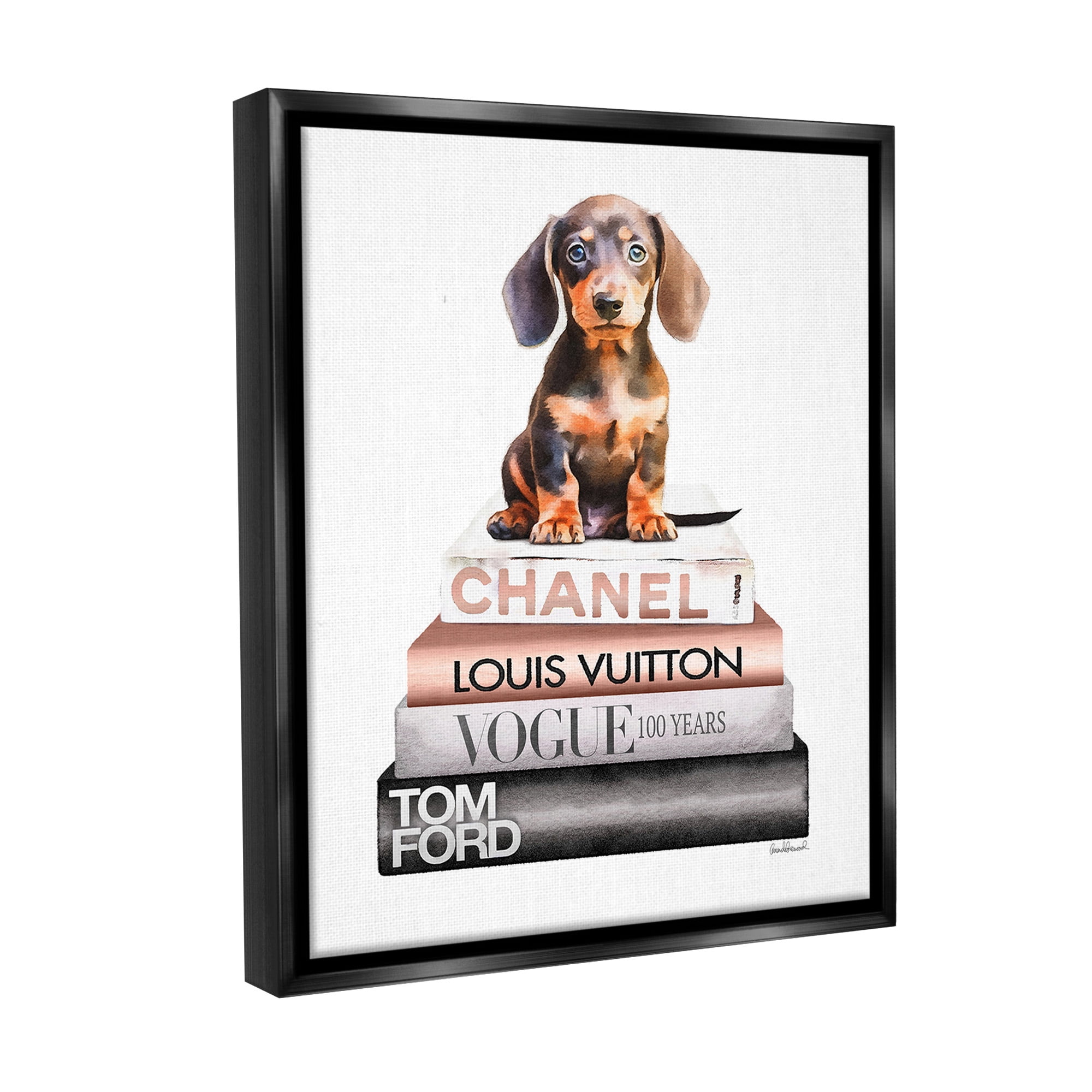 Stupell Industries Dachshund Puppy Bookstack Beauty & Fashion Painting Black Floater Framed Canvas Art Print Wall Art, 17 x 21