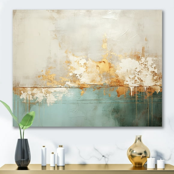 Designart Abstract painting Wall art decor, Abstract wall art, The Minimalistic Horizon in Gold and Teal I , gold Large Canvas wall art, 44x34 inches