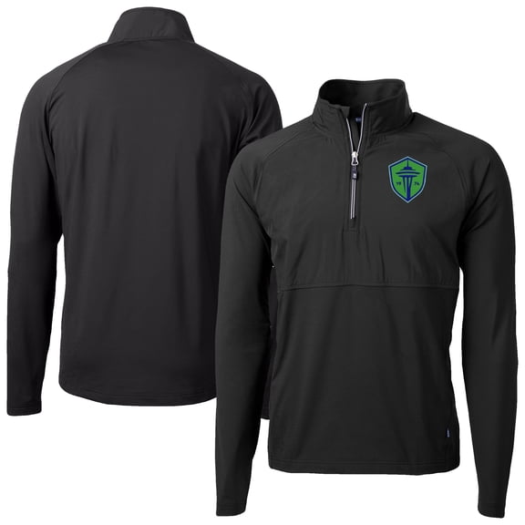 Men's-Cutter & Buck Black/ Seattle Sounders FC Adapt Eco Knit Hybrid Recycled Raglan Quarter-Zip Top