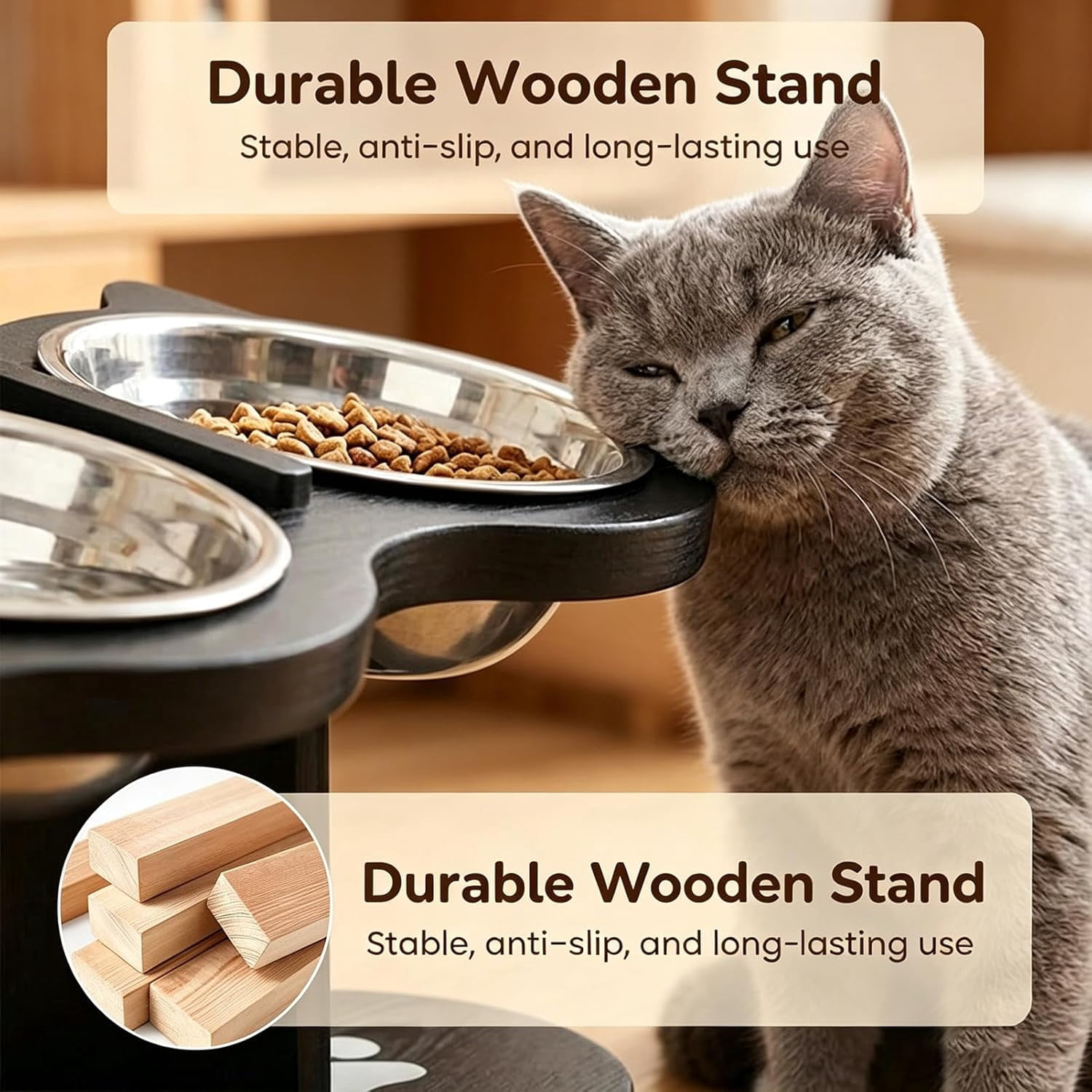 Anti-Slip Elevated 3-Bowl Pet Feeder Set, Raised Cat and Small Dog Food Water Bowls with Stand, No Spill Multi-Pet Feeding Station Water Bowl for Wet Dry Kibble, Neck Strain Relief (White)