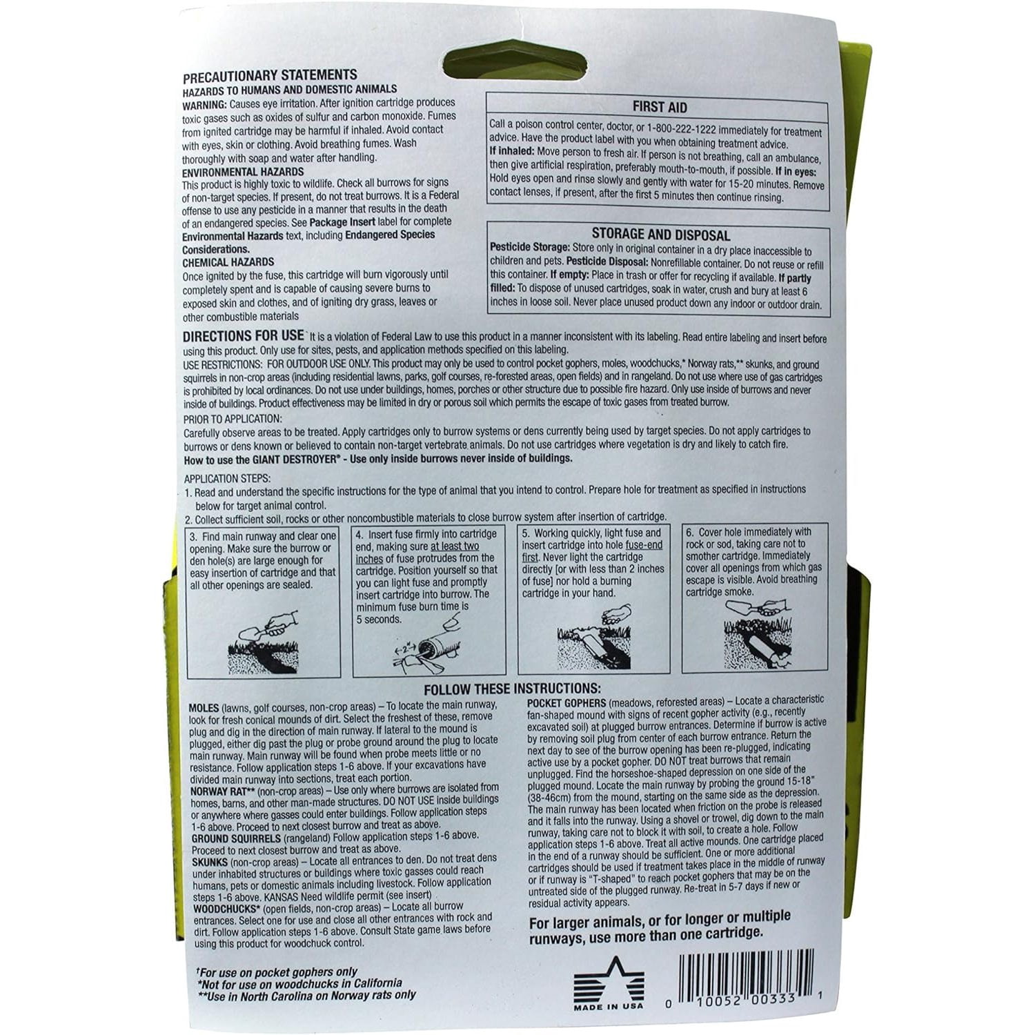 The Giant Destroyer (GAS KILLER) (12/4PK TOTAL) 48 kills Moles, Gophers, Woodchucks, Norway Rats, Skunks, Ground Squirrels in their Holes, Tunnels, Burrows. NO dealing w/ dead pest, better than traps
