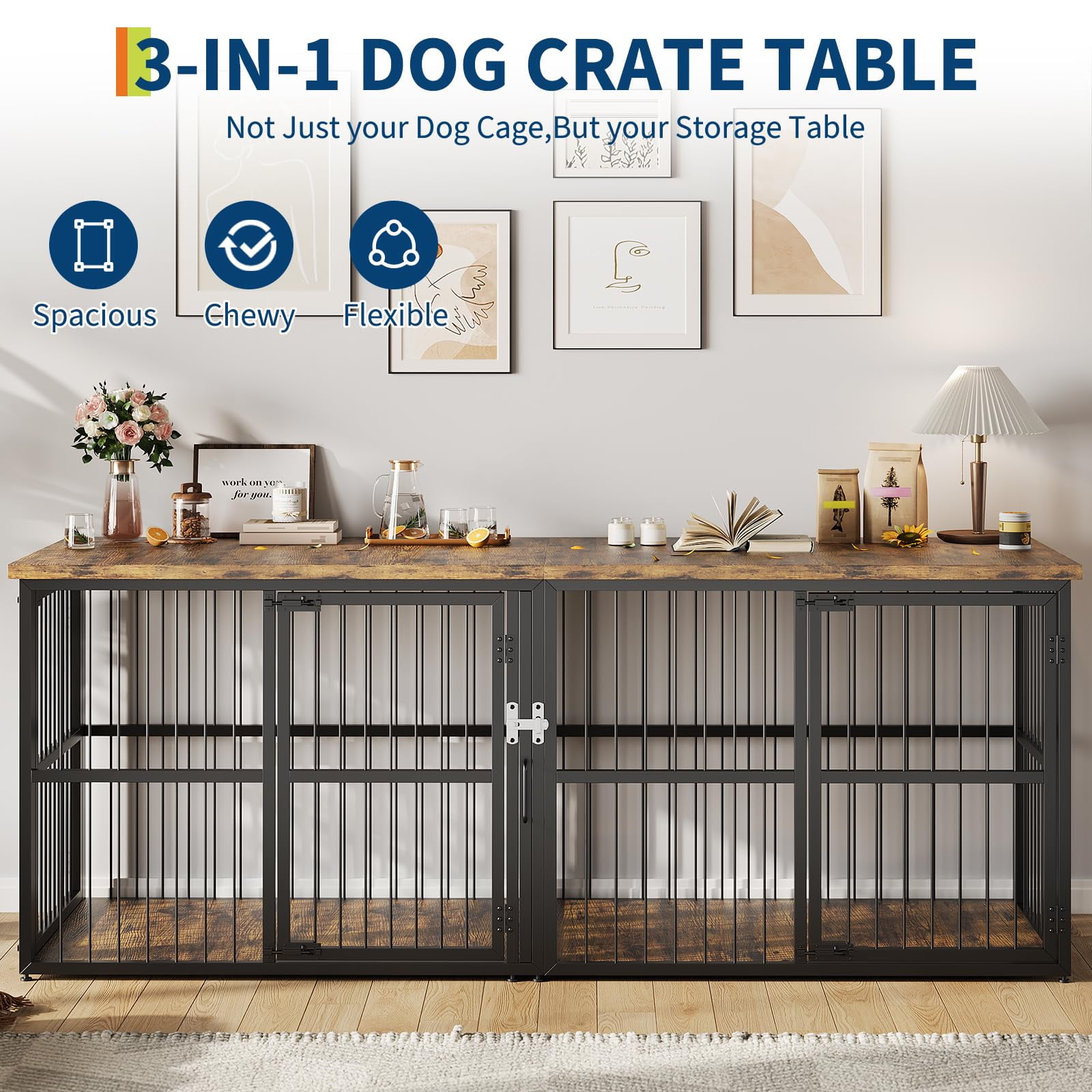 Extra Large 87" Double Dog Crate with Divider – Heavy Duty Wooden Kennel TV Stand with 3 Lockable Doors for 2 Dogs, Suitable for Small, Medium, or Large Dogs, Black