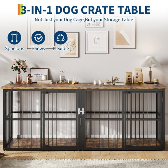 Double Dog Crate Furniture for 2 Medium to Large Dogs - 87 Inch XXL Heavy Duty Metal & Wood Kennel - Divider, 3 Lockable Doors, Indoor Pet Cage, TV Stand, Black - Model NPTT-TM04