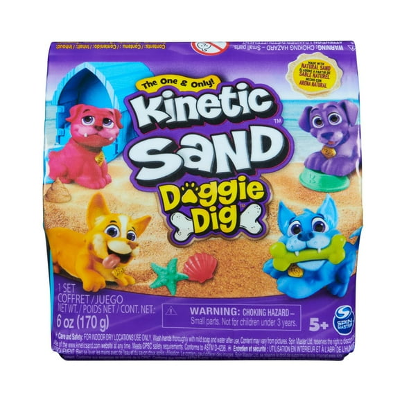 Kinetic Sand, Doggie Dig with Surprise Multipurpose Dog Tool, 6oz Beach Sand and Play Sand Storage (Styles May Vary), Sensory Toys for Kids