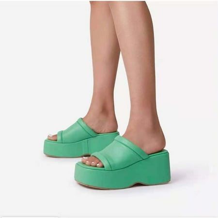 

loopsun Summer Sandals for Womens Womens Sandals Clearance Women s Fashion Wedge Slippers Thick Bottom Solid Color Square-head Slippers
