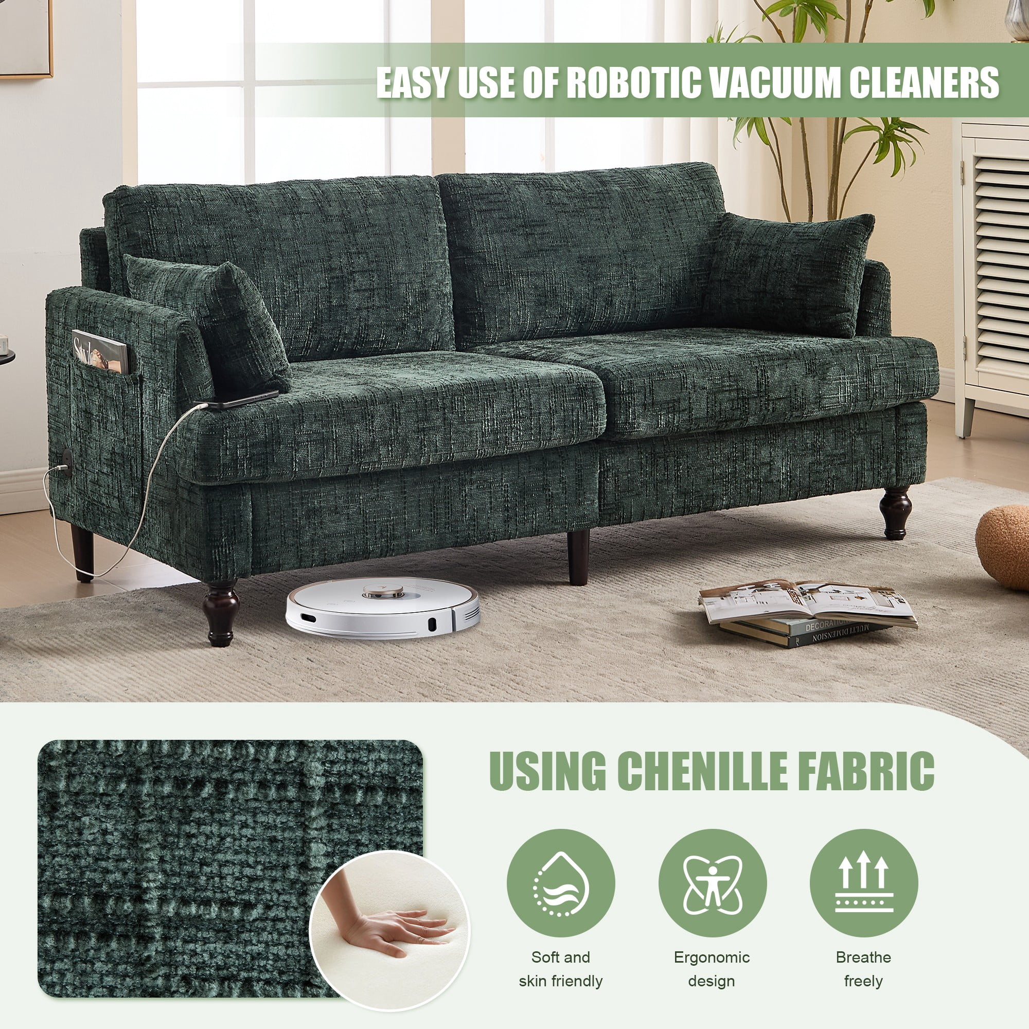 68.9" Sofa Couch,Modern 2 Seater Upholstered Loveseat Sofa Couch with LED light&USB for Living Room,Bedroom,Emerald
