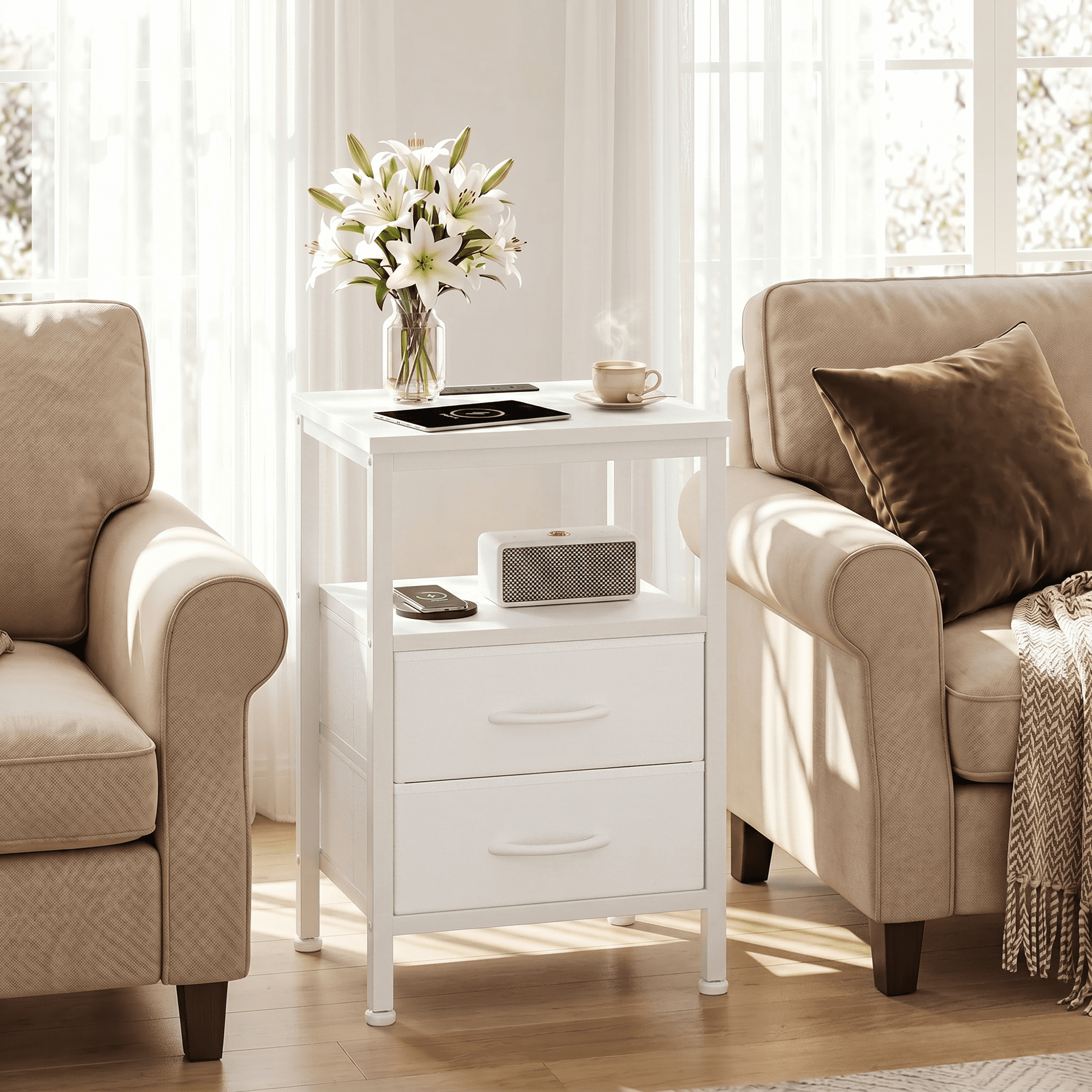 LIFERECORD Nightstand Set of 2 with 2 Fabric Drawers, Nightstand with Charging Station, End Tables with Storage Shelf for Small Spaces, Bedside Table Side Tables for Bedroom, White