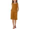 thumbnail image 2 of UACY Girls Linen Set 2 Piece Outfits Sleeveless Camisole Elastic Waist Knee Wide Leg Shorts Summer Outfit (Brown, 9-10 Years), 2 of 7
