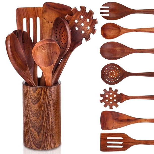 BTOOTB Juego de 8 Utensilios de Cocina de Madera de Teca, Cuchara de Madera para Cocinar, Juego de Utensilios de Cocina Antiadherentes, Juego de Palas de Madera Con Mango Cómodo