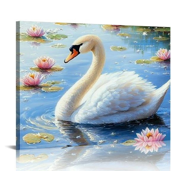 BCIIG Swan Wall Art Prints,Elegant White Swan & Lotus Oil Painting,Seaside Bird  Ocean Wild Animal Artwork,Swan Lake Romantic Aesthetic  for Girl Room,Bathroom Decor  20x16in