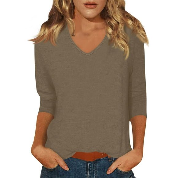 DENGDENG 3/4 Sleeve T Shirts for Women Elbow Sleeve V-Neck Tops Fashion 2025 Summer Casual Shirts Trendy Three Quarter Length Blouses Business Plus Size Pullover Top Khaki XXL